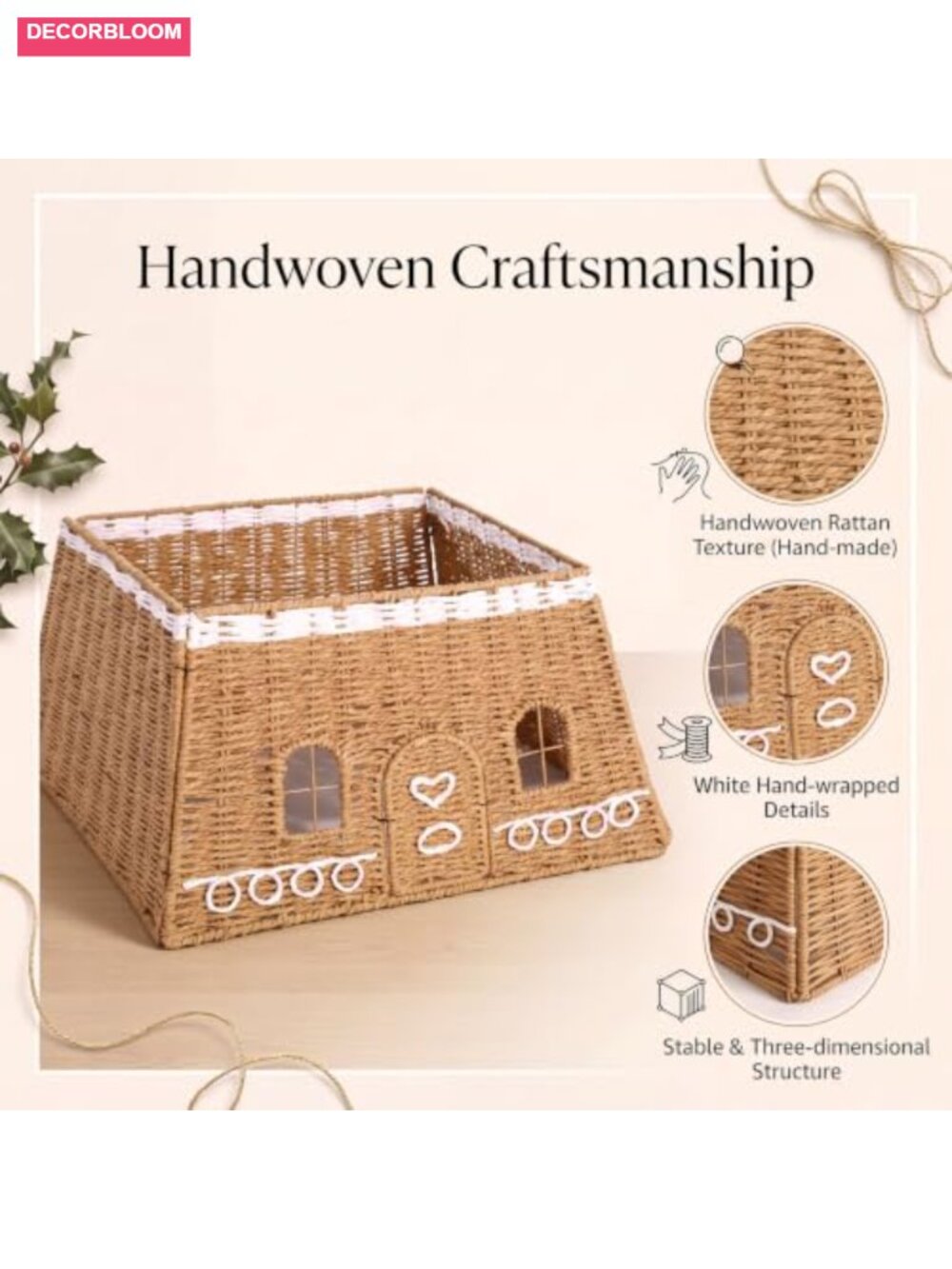 Rattan Gingerbread House Christmas Tree Collar 17 in Woven Farmhouse Decor - Picture 3 of 6